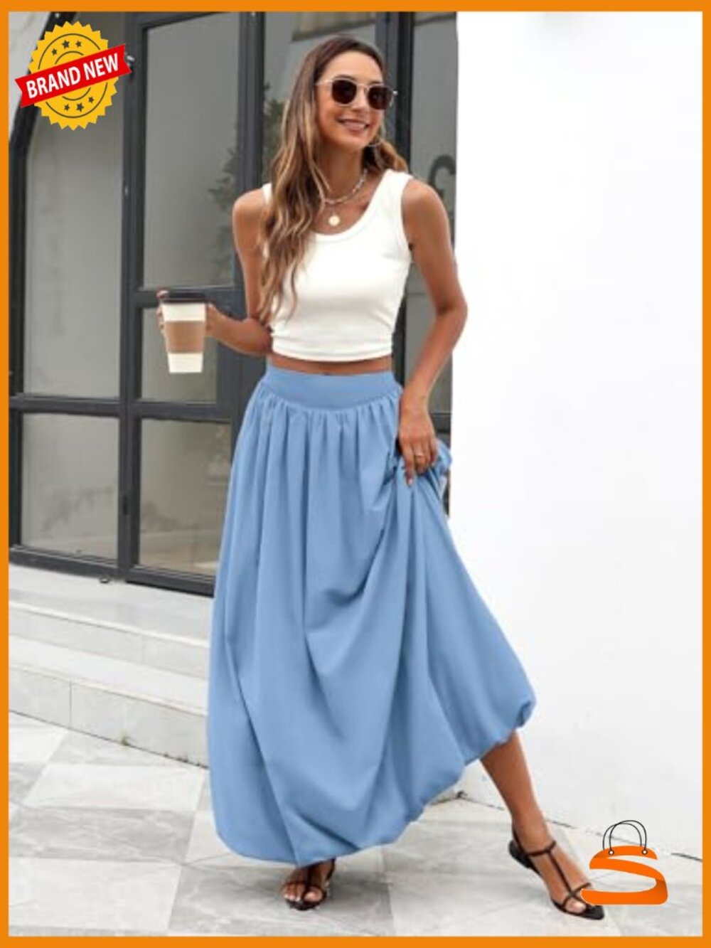 Bubble Hem Maxi Skirt - Elastic Waist A-Line with Pockets - Lightweight - Picture 5 of 7